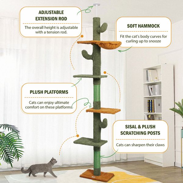 Cat Tree Tower Scratching Post Sisal Scratcher Furniture Stand Scratch Pole Climbing Floor to Ceiling Hammock Platforms 229-275cm