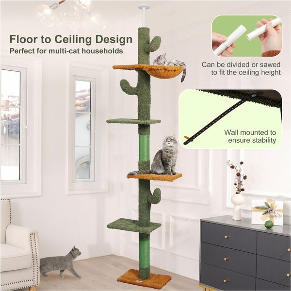 Cat Tree Tower Scratching Post Sisal Scratcher Furniture Stand Scratch Pole Climbing Floor to Ceiling Hammock Platforms 229-275cm