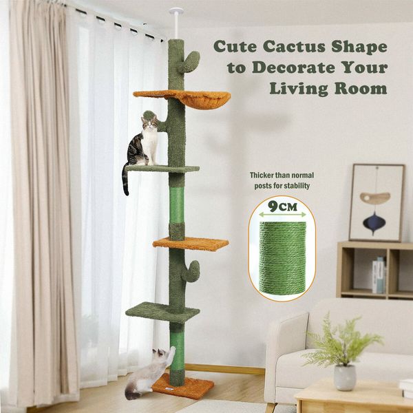 Cat Tree Tower Scratching Post Sisal Scratcher Furniture Stand Scratch Pole Climbing Floor to Ceiling Hammock Platforms 229-275cm