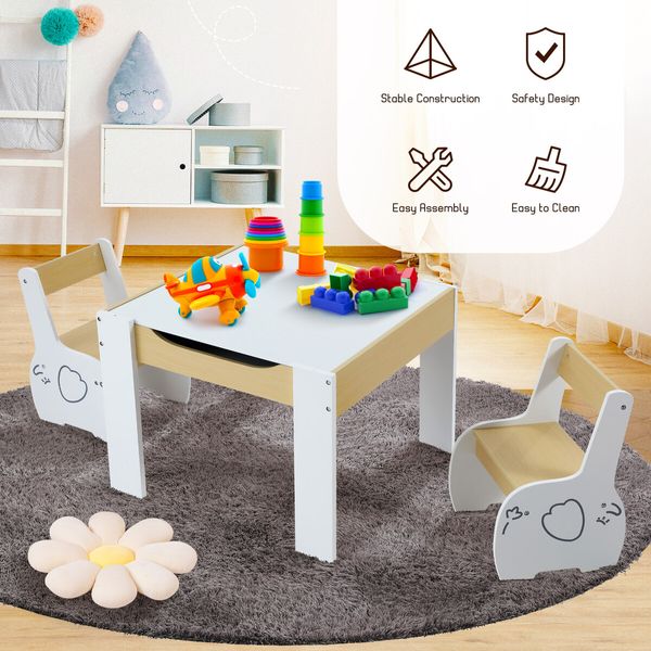 Kids Table and 2 Chairs Set Childrens Desk Toddler Furniture Baby Activity Centre Drawing Study Reading Wooden with Storage