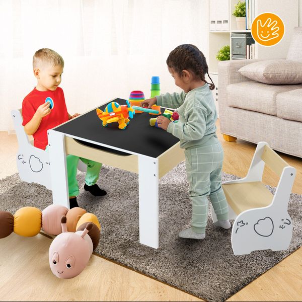 Kids Table and 2 Chairs Set Childrens Desk Toddler Furniture Baby Activity Centre Drawing Study Reading Wooden with Storage