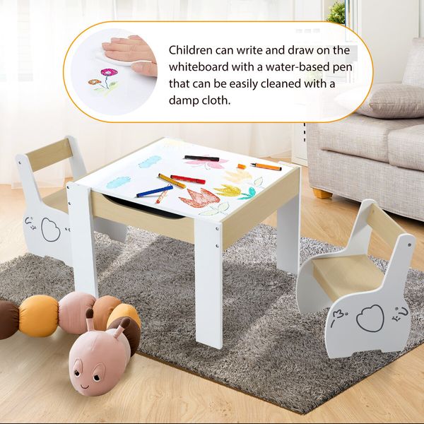 Kids Table and 2 Chairs Set Childrens Desk Toddler Furniture Baby Activity Centre Drawing Study Reading Wooden with Storage