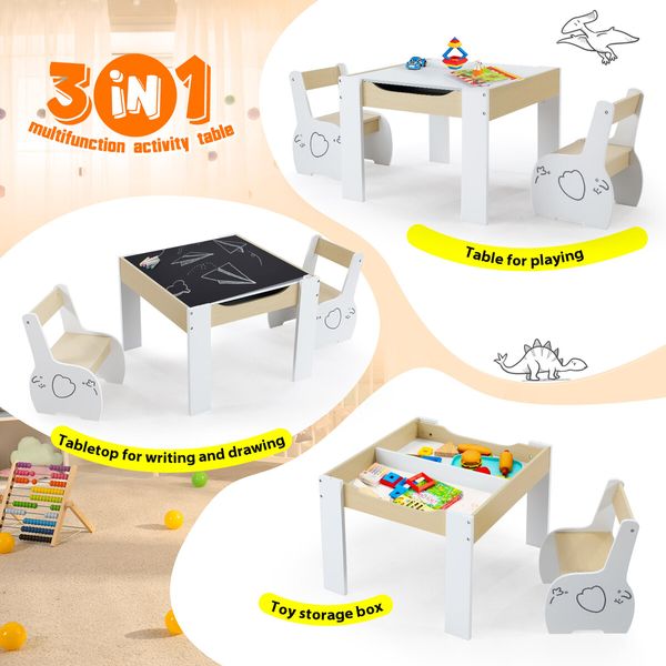 Kids Table and 2 Chairs Set Childrens Desk Toddler Furniture Baby Activity Centre Drawing Study Reading Wooden with Storage