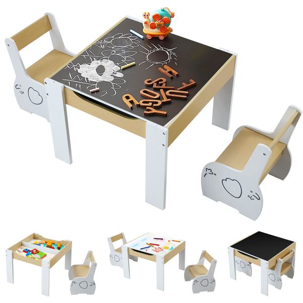 Kids Table and 2 Chairs Set Childrens Desk Toddler Furniture Baby Activity Centre Drawing Study Reading Wooden with Storage