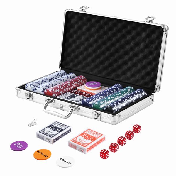 300 Poker Card Chips Professional Casino Dice Dealer Game Play Set Small Big Blind Holographic Eagle Aluminium Case