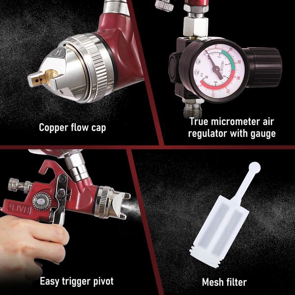 HVLP Spray Gun Gravity Feed Car Paint Sprayer Kit Air Regulator Gauge Auto Fence Wall Door Chair 1L Aluminium Cup 3 Nozzles 1.4mm 1.7mm 2.5mm