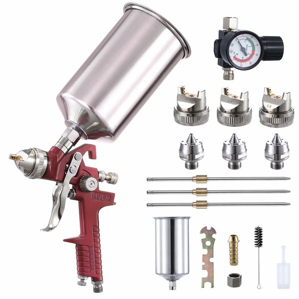 HVLP Spray Gun Gravity Feed Car Paint Sprayer Kit Air Regulator Gauge Auto Fence Wall Door Chair 1L Aluminium Cup 3 Nozzles 1.4mm 1.7mm 2.5mm