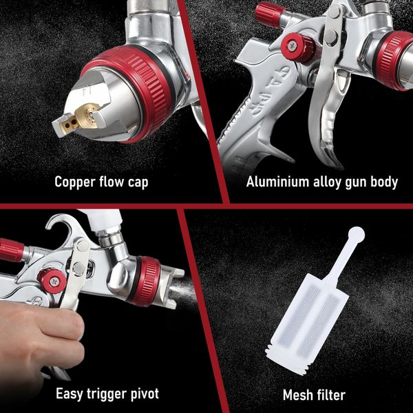 HVLP Spray Gun Kit Automotive Paint Sprayer Gravity Feed Air Auto Tool 1.4mm 1.7mm 2mm 3 Nozzles 600ml PVC Cups Topcoat Primer Touch Up Car