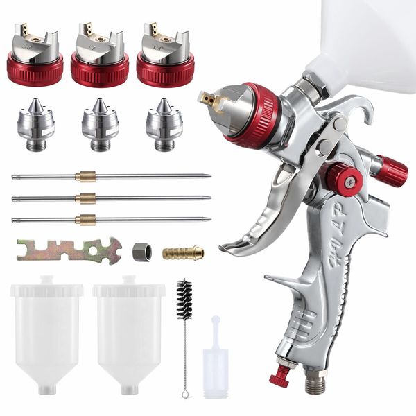 HVLP Spray Gun Kit Automotive Paint Sprayer Gravity Feed Air Auto Tool 1.4mm 1.7mm 2mm 3 Nozzles 600ml PVC Cups Topcoat Primer Touch Up Car