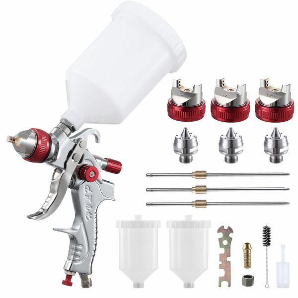 HVLP Spray Gun Kit Automotive Paint Sprayer Gravity Feed Air Auto Tool 1.4mm 1.7mm 2mm 3 Nozzles 600ml PVC Cups Topcoat Primer Touch Up Car