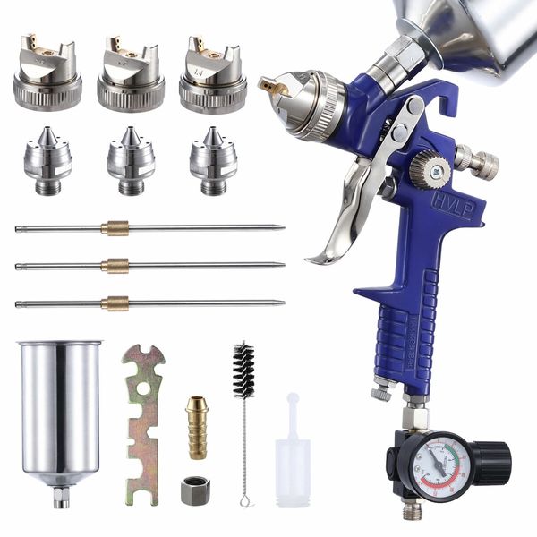 HVLP Spray Gun Kit Car Paint Sprayer Air Regulator 1L Aluminium Cup 3 Fluid Tips Gravity Feed Gauge Automotive Touch Up Primer Fence Wall Furniture