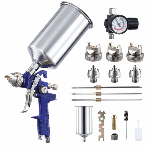 HVLP Spray Gun Kit Car Paint Sprayer Air Regulator 1L Aluminium Cup 3 Fluid Tips Gravity Feed Gauge Automotive Touch Up Primer Fence Wall Furniture