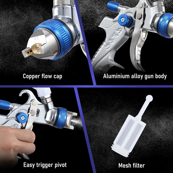 HVLP Spray Gun Kit Air Paint Sprayer Car Automotive Gravity Feed Tool 3 Nozzles 600ml PVC Cup 50PSI Wall Fence Door Furniture Topcoat Primer