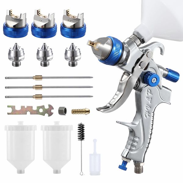 HVLP Spray Gun Kit Air Paint Sprayer Car Automotive Gravity Feed Tool 3 Nozzles 600ml PVC Cup 50PSI Wall Fence Door Furniture Topcoat Primer