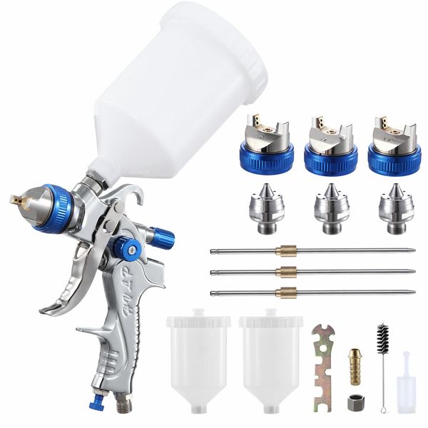 HVLP Spray Gun Kit Air Paint Sprayer Car Automotive Gravity Feed Tool 3 Nozzles 600ml PVC Cup 50PSI Wall Fence Door Furniture Topcoat Primer