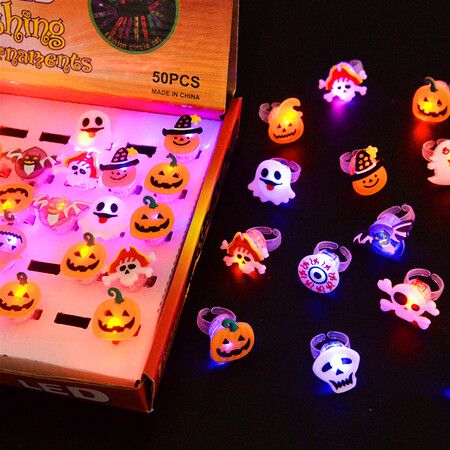 50pcs Halloween Decorations Creative Cute Pumpkin Ghost Eye Rings for Children Halloween Luminous Rings LED Flash Finger Ring