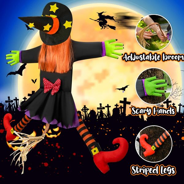 Crashing Witch Decor,Halloween Decorations Clearance Outdoor Witch Props Ornaments,with Adjustable Band,Outside Garden Funny Witches Flying Crashed