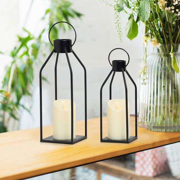 Modern Farmhouse Lantern Decor,Black Metal Candle Lanterns Living Room Decor,Lanterns Decorative w/ Timer Flickering Candles for Home Decor,Indoor,Outdoor,Table,Fireplace Mantle Decor (2Pack)