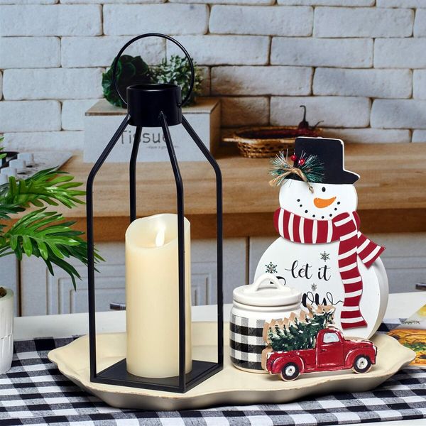 Modern Farmhouse Lantern Decor,Black Metal Candle Lanterns Living Room Decor,Lanterns Decorative w/ Timer Flickering Candles for Home Decor,Indoor,Outdoor,Table,Fireplace Mantle Decor (2Pack)