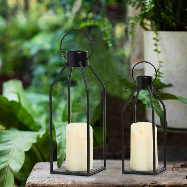 Modern Farmhouse Lantern Decor,Black Metal Candle Lanterns Living Room Decor,Lanterns Decorative w/ Timer Flickering Candles for Home Decor,Indoor,Outdoor,Table,Fireplace Mantle Decor (2Pack)