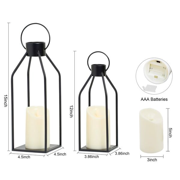 Modern Farmhouse Lantern Decor,Black Metal Candle Lanterns Living Room Decor,Lanterns Decorative w/ Timer Flickering Candles for Home Decor,Indoor,Outdoor,Table,Fireplace Mantle Decor (2Pack)