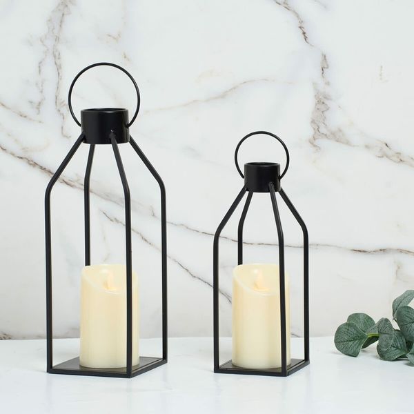 Modern Farmhouse Lantern Decor,Black Metal Candle Lanterns Living Room Decor,Lanterns Decorative w/ Timer Flickering Candles for Home Decor,Indoor,Outdoor,Table,Fireplace Mantle Decor (2Pack)