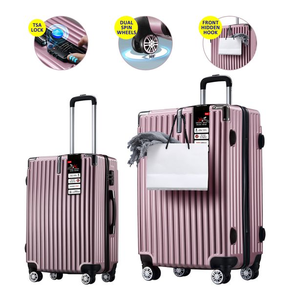 2 Piece Luggage Suitcase Set Carry On Spinner Case Traveller Bag Storage Cabin Lightweight Hard Shell Trolley Wheels TSA Lock Rose Gold