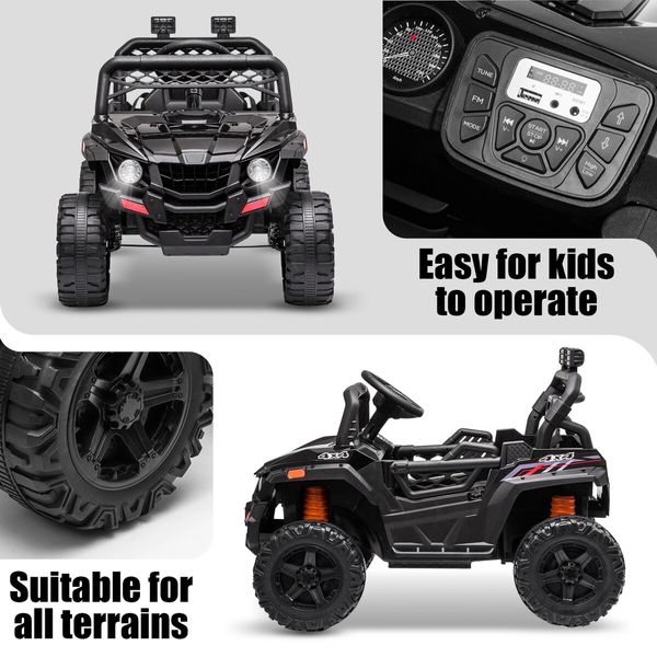 Kids Electric Car UTV Ride On Battery Remote Control Toy Vehicle Off Road Charging Racing Jeep 12V Black Lights Music Radio Rear Storage