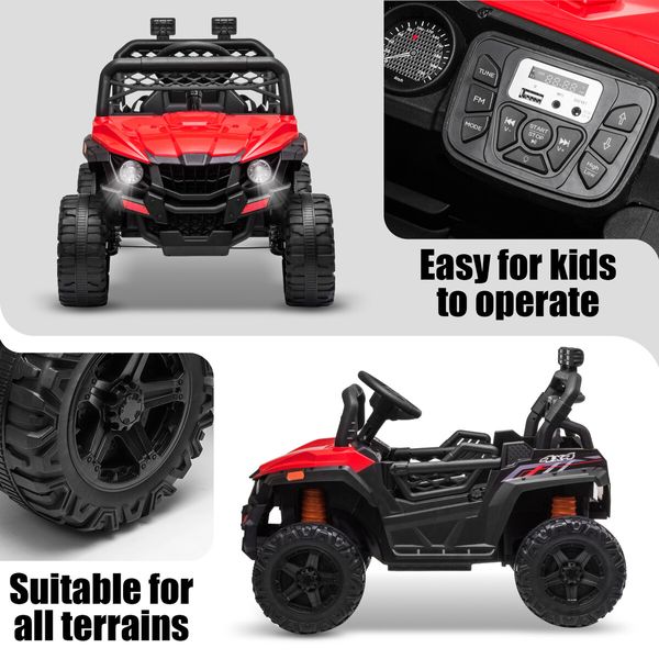 Kids Electric Car UTV Battery Remote Control Ride On Toy Vehicle Charging Off Road Racing Jeep 12V Red Lights Music Radio Rear Storage