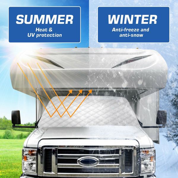 RV Windshield Window Snow Cover for Class C Ford E450 1997-2023 Motorhome Windshield Cover Snow Cover for RV Front Window Sunshade Cover RV Accessories 4 Layers with Mirror Cutouts Silver