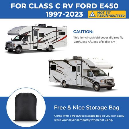 RV Windshield Window Snow Cover for Class C Ford E450 1997-2023 Motorhome Windshield Cover Snow Cover for RV Front Window Sunshade Cover RV Accessories 4 Layers with Mirror Cutouts Silver