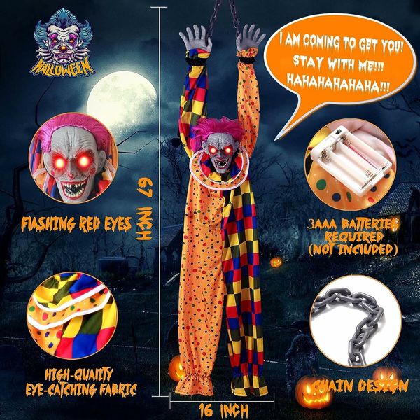 Halloween Hanging Animated Clown with Chain, Red Light-Up Eyes, Sound and Touch Activated for Halloween Decorations, Indoor Outdoor Accessory