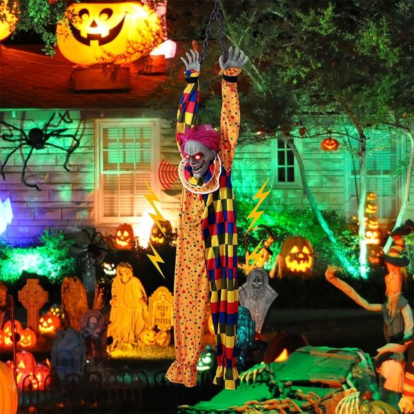 Halloween Hanging Animated Clown with Chain, Red Light-Up Eyes, Sound and Touch Activated for Halloween Decorations, Indoor Outdoor Accessory