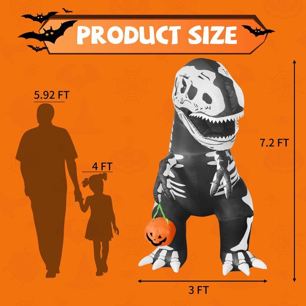 2.1m Halloween Inflatables Outdoor dino dinosaur with Pumpkin  Blow Up Yard Decoration with LED Lights Built-in for Holiday Party Yard Garden