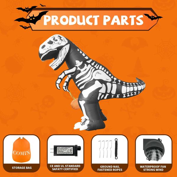 2.1m Halloween Inflatables Outdoor dino dinosaur with Pumpkin  Blow Up Yard Decoration with LED Lights Built-in for Holiday Party Yard Garden