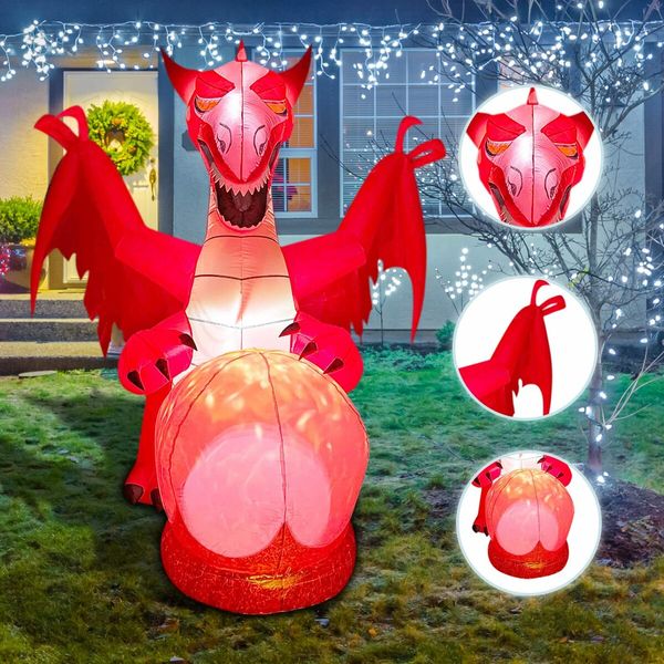 1.8m Halloween Inflatables Outdoor dino Fire dinosaur  Blow Up Yard Decoration with LED Lights Built-in for Holiday Party Yard Garden