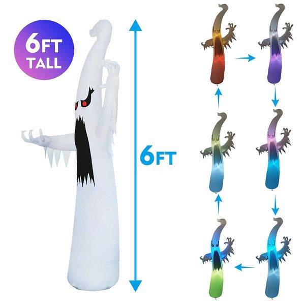 1.8m Halloween Inflatable Outdoor Colorful Dimming Ghost, Blow Up Yard Decoration with LED Lights Built-in for Holiday/Party/Yard/Garden