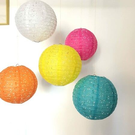 12 Pieces  8Inch  Paper Lanterns Multicolor Hanging Hollow Lanterns  8 Inch Asia Lantern Lamps for Home Outdoor  Decorations (Round with LED-Colorful)