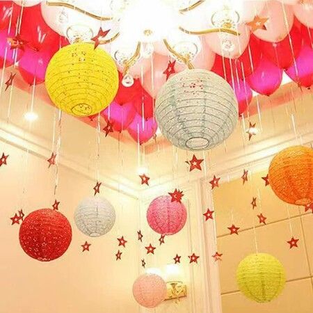 12 Pieces  8Inch  Paper Lanterns Multicolor Hanging Hollow Lanterns  8 Inch Asia Lantern Lamps for Home Outdoor  Decorations (Round with LED-Colorful)