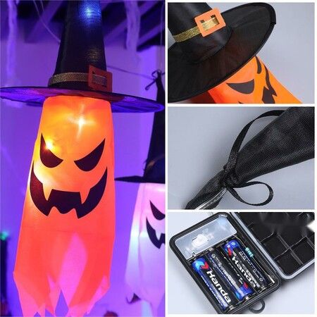 Halloween Decorations 3m Hanging Light Up Ghost Hat Ornament 5Lights Enhanced Lighting Brightness, Suitable for Outdoor, Yard, Tree
