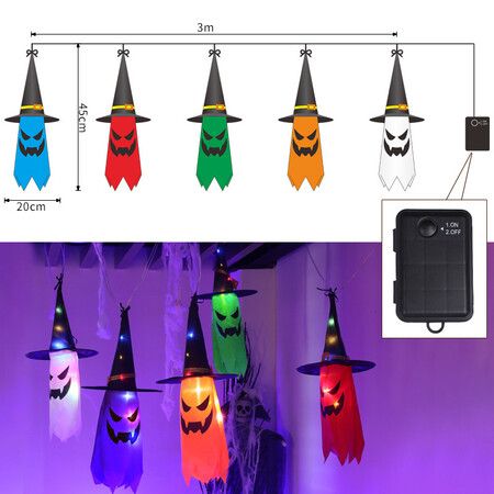Halloween Decorations 3m Hanging Light Up Ghost Hat Ornament 5Lights Enhanced Lighting Brightness, Suitable for Outdoor, Yard, Tree
