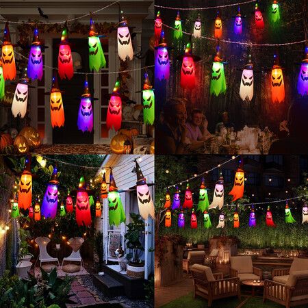 Halloween Decorations 3m Hanging Light Up Ghost Hat Ornament 5Lights Enhanced Lighting Brightness, Suitable for Outdoor, Yard, Tree