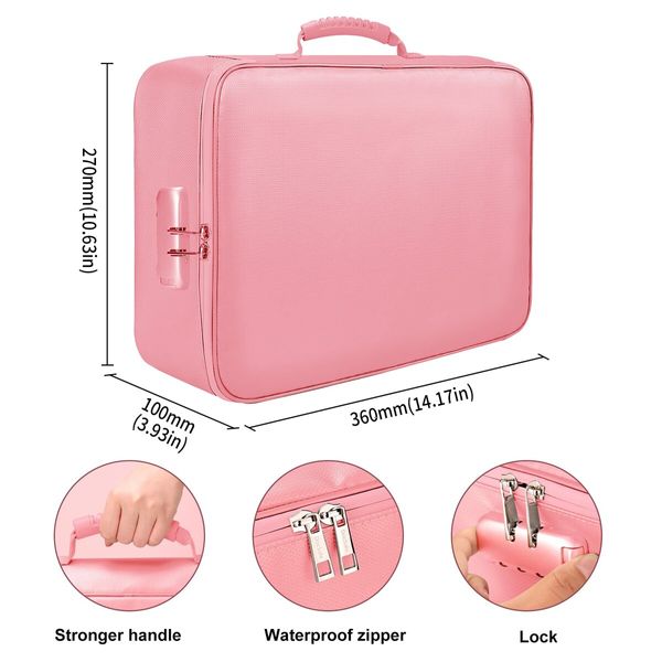 File Document Organizer Bags Fireproof Safe Lock,Multi-Layer Portable Filing Storage for Important Passport Certificates(Pink)