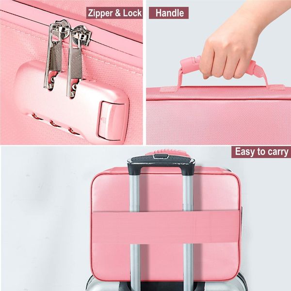 File Document Organizer Bags Fireproof Safe Lock,Multi-Layer Portable Filing Storage for Important Passport Certificates(Pink)