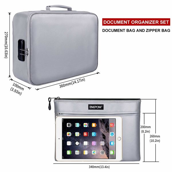 File Document Organizer Bags Fireproof Safe Lock,Multi-Layer Portable Filing Storage for Important Passport Certificates(Light Grey)