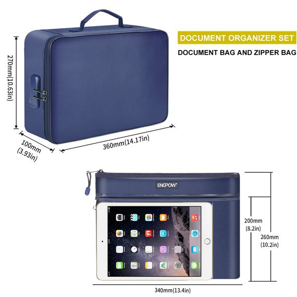 File Document Organizer Bags Fireproof Safe Lock,Multi-Layer Portable Filing Storage for Important Passport Certificates(Blue)