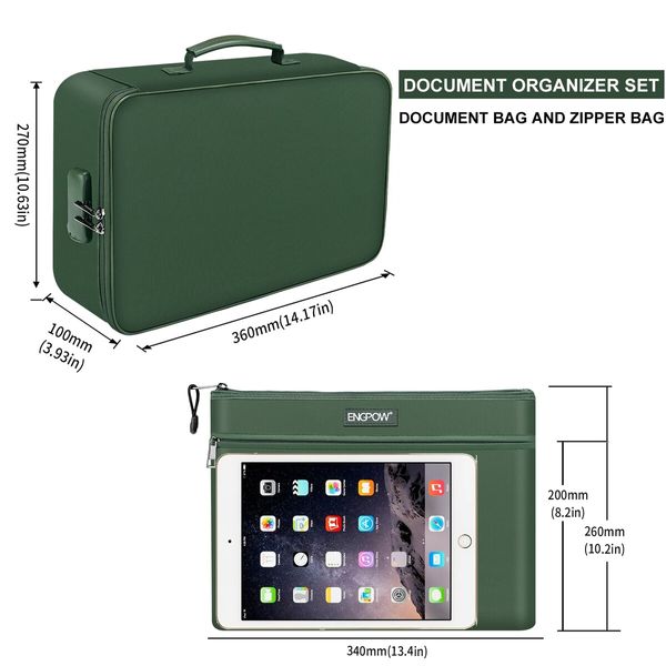 File Document Organizer Bags Fireproof Safe Lock,Multi-Layer Portable Filing Storage for Important Passport Certificates(Green)