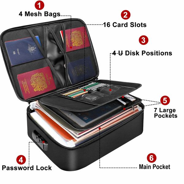 File Document Organizer Bags Fireproof Safe Lock,Multi-Layer Portable Filing Storage for Important Passport Certificates(Black)