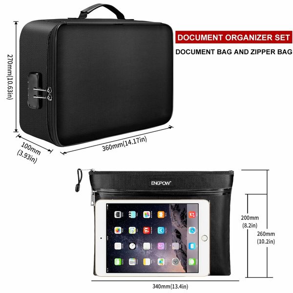 File Document Organizer Bags Fireproof Safe Lock,Multi-Layer Portable Filing Storage for Important Passport Certificates(Black)