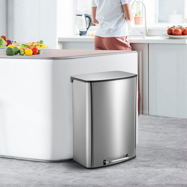 50L Pedal Bin Garbage Can Rubbish Recycling Trash Waste Stainless Steel Rectangular Trashcan Soft Closing Lid Kitchen House Indoor Office